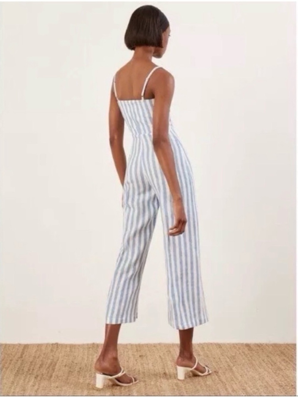 Reformation Torta Blue & White Striped Button-Front Linen Jumpsuit 4 small - Picture 4 of 11